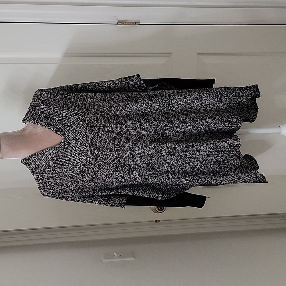 Alya Marled Black Poncho Sweater, Criss Cross Neckline, High Collar, Gently Used